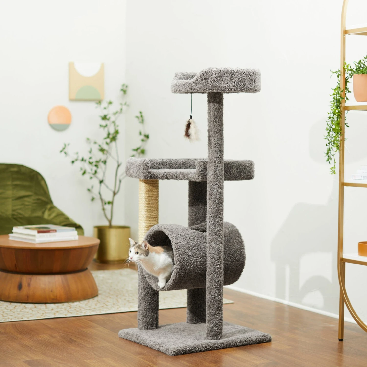 Frisco 54-in Real Carpet Cat Tree With Tunnel And Square Perches 1 Frisco 54-in Real Carpet Cat Tree With Tunnel And Square Perches