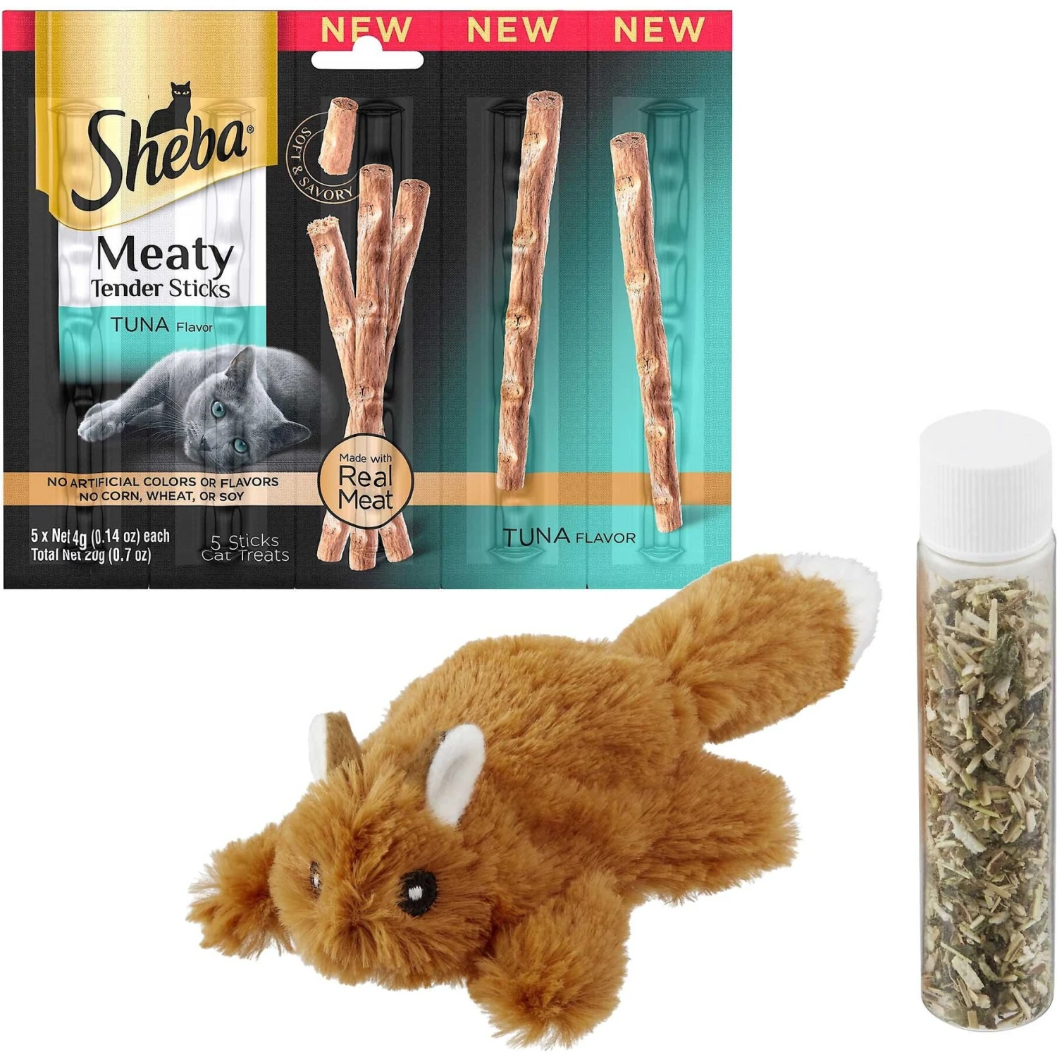 Sheba Meaty Tender Sticks Tuna Flavor Soft Adult Cat Treats & Frisco Squirrel Plush Cat Toy With Refillable Catnip 1 Sheba Meaty Tender Sticks Tuna Flavor Soft Adult Cat Treats & Frisco Squirrel Plush Cat Toy With Refillable Catnip