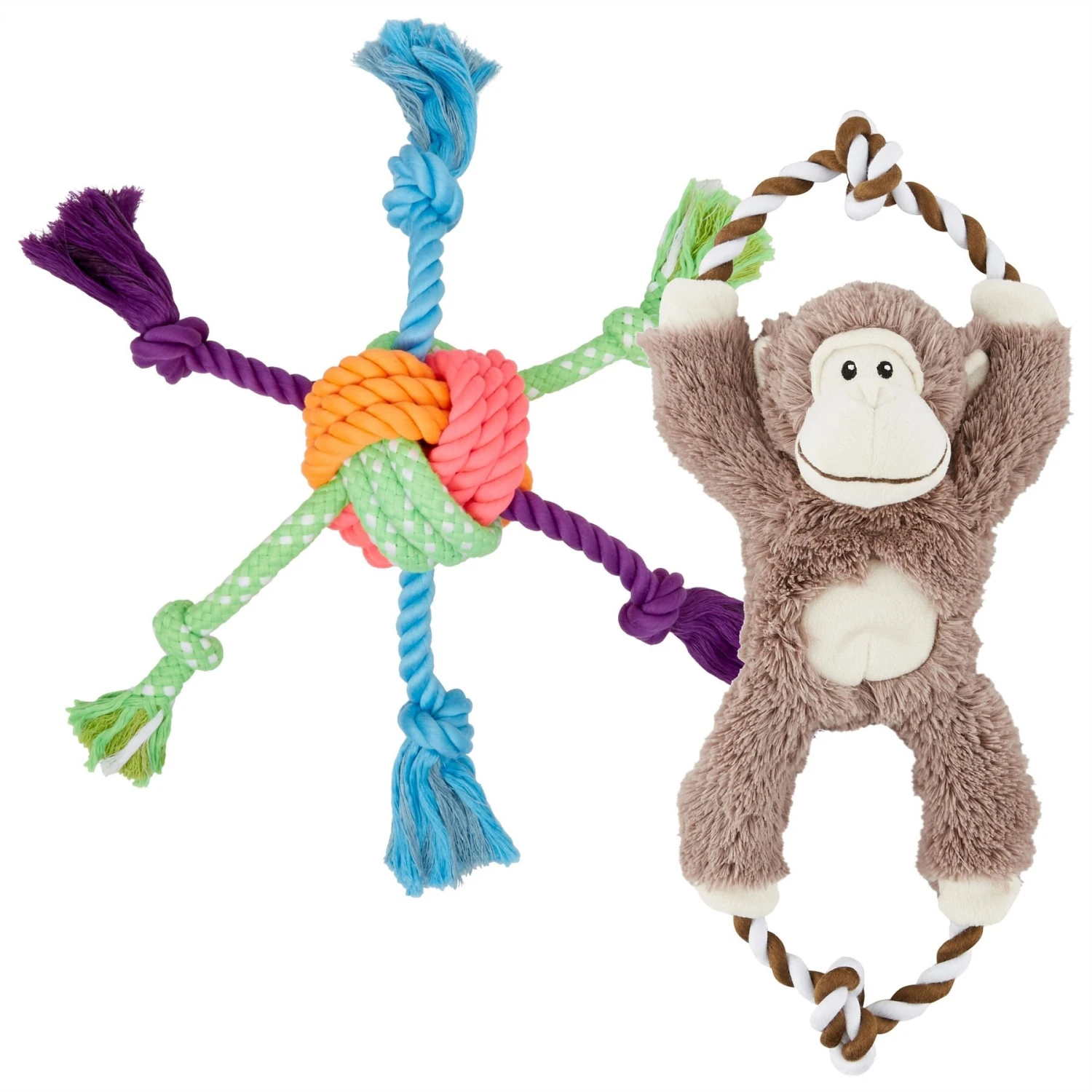 Frisco Fetch Colorful Ball Knot Rope Dog Toy & Frisco Monkey Plush With Rope Squeaky Dog Toy 1 Frisco Fetch Colorful Ball Knot Rope Dog Toy & Frisco Monkey Plush With Rope Squeaky Dog Toy